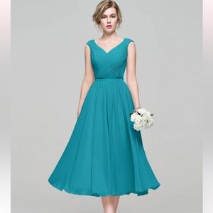 JJs House A-line V-Neck Tea-Length Charmeuse Chiffon Bridesmaid Dress W/ Ruffle